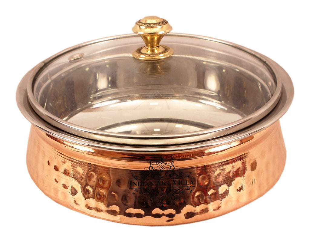 Steel Copper Serving Handi Bowl with Glass Lid 1350 ML