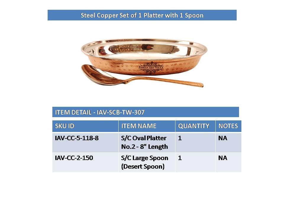 Steel Copper Serving Platter | 600 ML | with 1 Spoon Steel Copper Serve Ware Combo Indian Art Villa