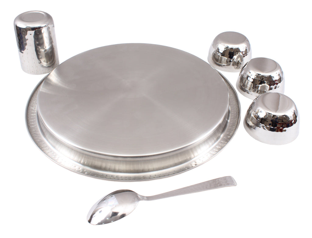 Steel Hammered 6 Piece Thali Set (1 Salver, 3 Bowl, 1 Glass, 1 Spoon) Steel Dinner Sets SB-TW 