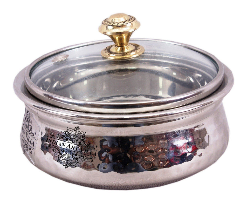 Steel Hammered Serving Handi with Glass Lid | 350 ML