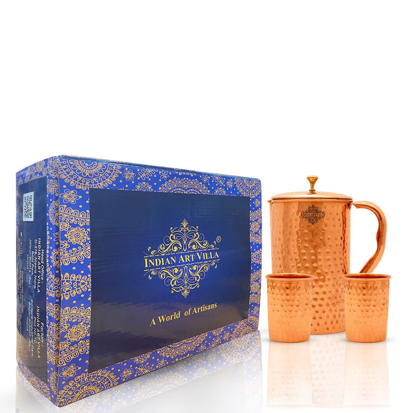 Indian Art Villa Handmade Pure Copper Jug with Glass sets, Hammered Design Drinkware Gift Sets
