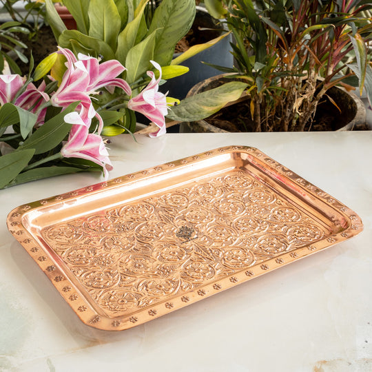 Indian Art Villa Handcrafted Pure Copper Engraved Flower Design Tray