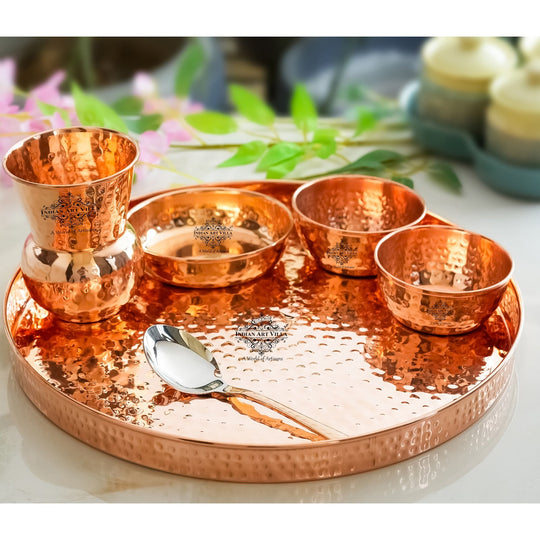 Indian Art Villa Pure Copper Hammered Design, 6 Pieces Dinner Set, 30.48 cm Thali