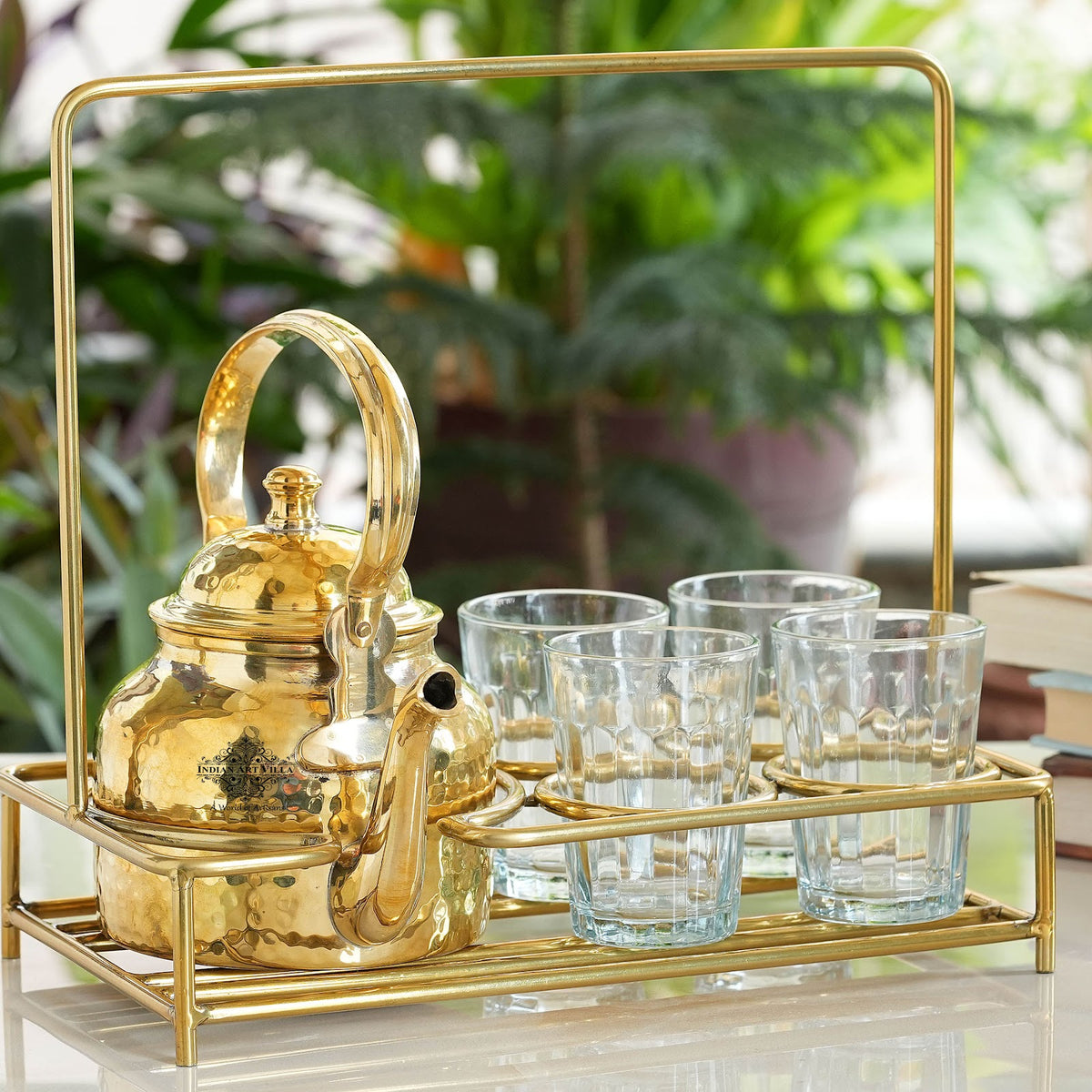 IndianArtVilla Brass Hammered Tea Pot with Brass Stand with 6 Glass Te