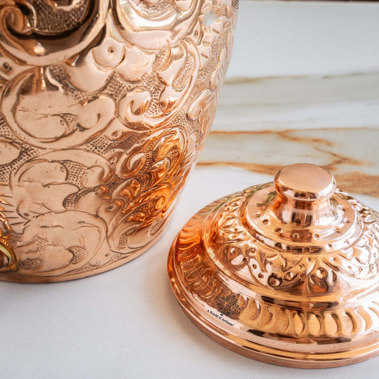 Pure Copper Water Pot, Embossed Design, Dispenser Pot Matka, Storage water, Gold