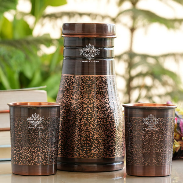 Indian Art Villa Copper Bedroom Antique Dark Finished Bottle with Copper glass with Embossed Design gift set