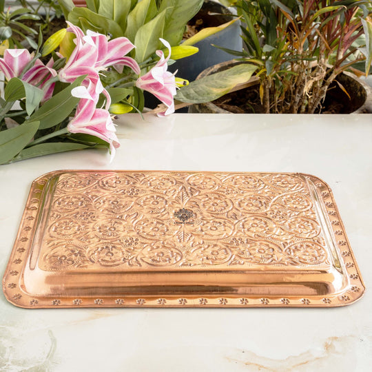 Indian Art Villa Handcrafted Pure Copper Engraved Flower Design Tray