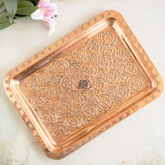Indian Art Villa Handcrafted Pure Copper Engraved Flower Design Tray