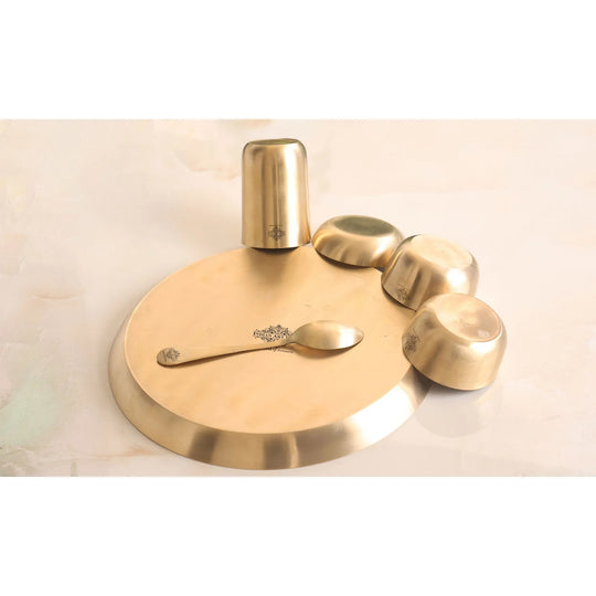Indian Art Villa Pure Brass Matt Finish 7 Pieces Dinner Set / Thali Set, Dinnerware, Tableware