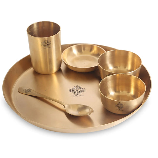 Indian Art Villa Pure Brass Matt Finish 7 Pieces Dinner Set / Thali Set, Dinnerware, Tableware