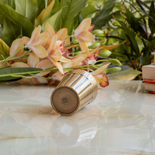 IndianArtVilla Handcrafted Pure Brass Lining Design Tea Tumbler Glass