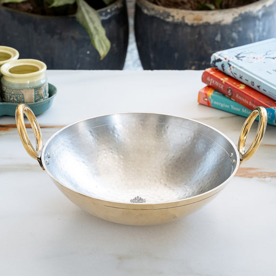 Pure Brass Wok with Inside Tin Lining & Hammered Design