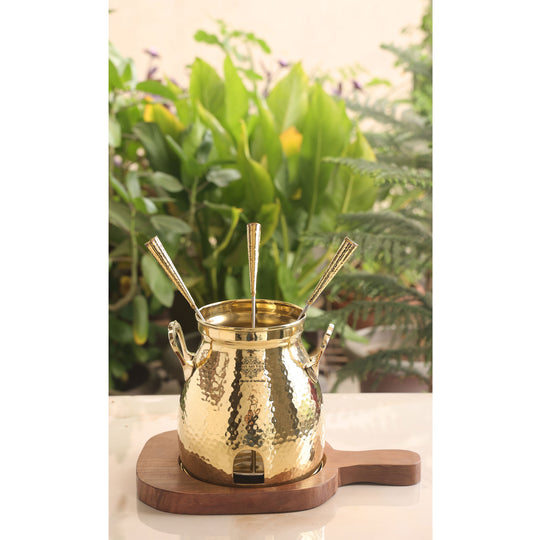 IndianArtVilla Brass Table Tandoor With Wooden Bottom & 3 Skewers, Diameter-12 Inches