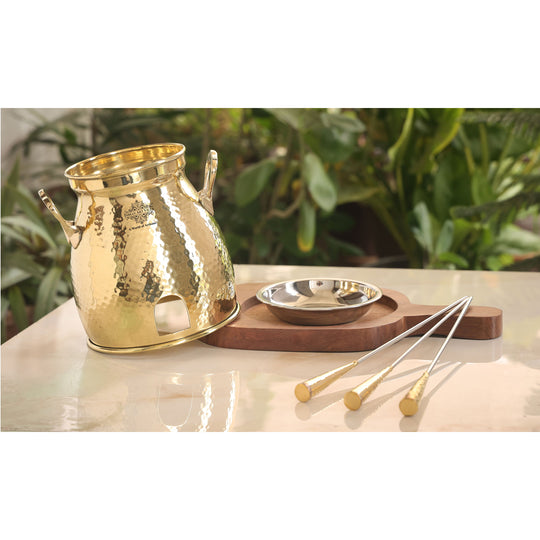 IndianArtVilla Brass Table Tandoor With Wooden Bottom & 3 Skewers, Diameter-12 Inches