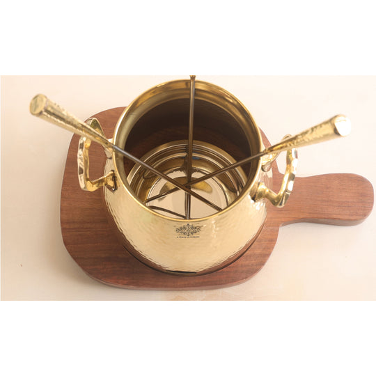 IndianArtVilla Brass Table Tandoor With Wooden Bottom & 3 Skewers, Diameter-12 Inches