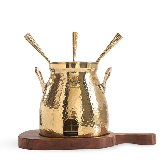 IndianArtVilla Brass Table Tandoor With Wooden Bottom & 3 Skewers, Diameter-12 Inches