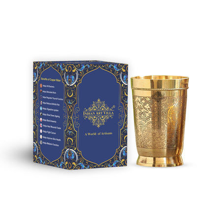 Indian Art Villa Pure Brass Embossed Design Glass with Bottom -10.14 Oz