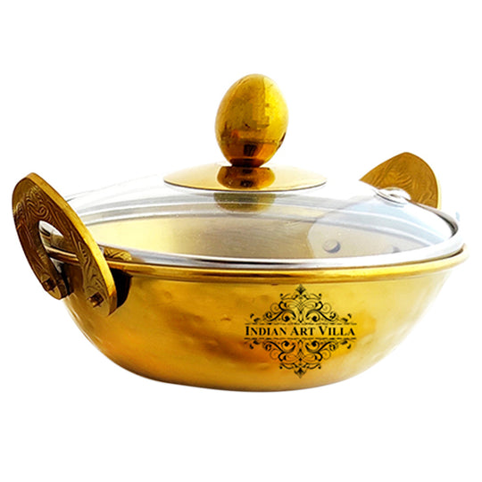 Indian Art Villa Brass Gold Finish D/W Hammered Design Steel Set of Handi,Kadhai with lid, Serving Spoons