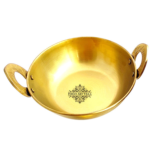 Indian Art Villa Brass Gold Finish D/W Hammered Design Steel Set of Handi,Kadhai with lid, Serving Spoons
