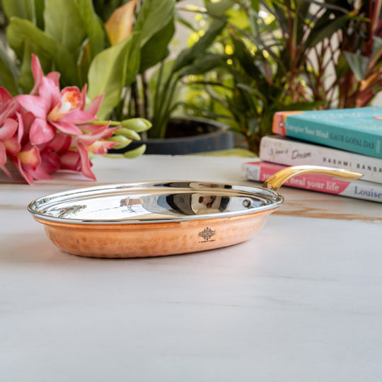 Indian Art Villa Pure Steel Copper pan Oval shape Hammered Design Serving Dishes Tableware