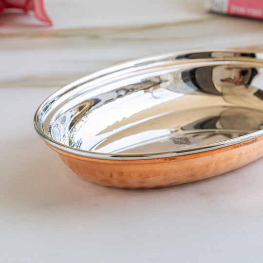 Indian Art Villa Pure Steel Copper pan Oval shape Hammered Design Serving Dishes Tableware