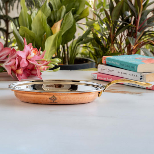 Indian Art Villa Pure Steel Copper pan Oval shape Hammered Design Serving Dishes Tableware