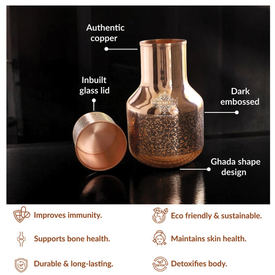 Dark Embossed Pot Shape Copper Bedroom Carafe with Inbuilt Tumbler, 52oz/1530 ML