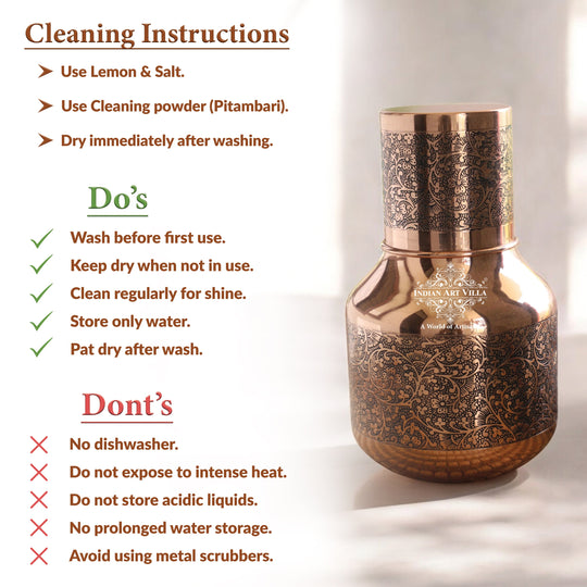 Dark Embossed Pot Shape Copper Bedroom Carafe with Inbuilt Tumbler, 52oz/1530 ML