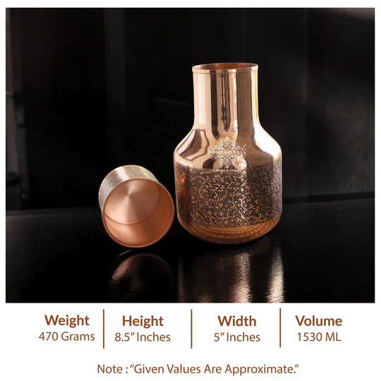Dark Embossed Pot Shape Copper Bedroom Carafe with Inbuilt Tumbler, 52oz/1530 ML