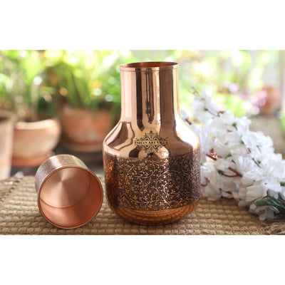 Dark Embossed Pot Shape Copper Bedroom Carafe with Inbuilt Tumbler, 52oz/1530 ML
