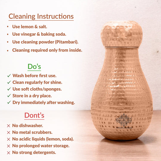 Hammered Pot Copper Bedroom Carafe with Inbuilt Tumbler, 54oz/1600 ML