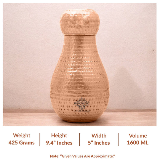 Hammered Pot Copper Bedroom Carafe with Inbuilt Tumbler, 54oz/1600 ML