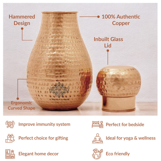 Hammered Pot Copper Bedroom Carafe with Inbuilt Tumbler, 54oz/1600 ML
