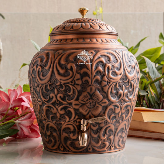 Pure Copper Water Pot, Embossed Design, Dispenser Pot Matka, Storage water, Gold