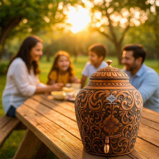 Pure Copper Water Pot, Embossed Design, Dispenser Pot Matka, Storage water, Gold