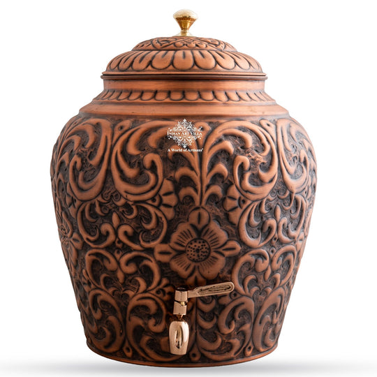 Pure Copper Water Pot, Embossed Design, Dispenser Pot Matka, Storage water, Gold