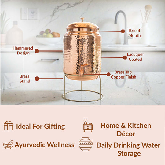 Pure Copper Hammered Design Water Pot with Stand