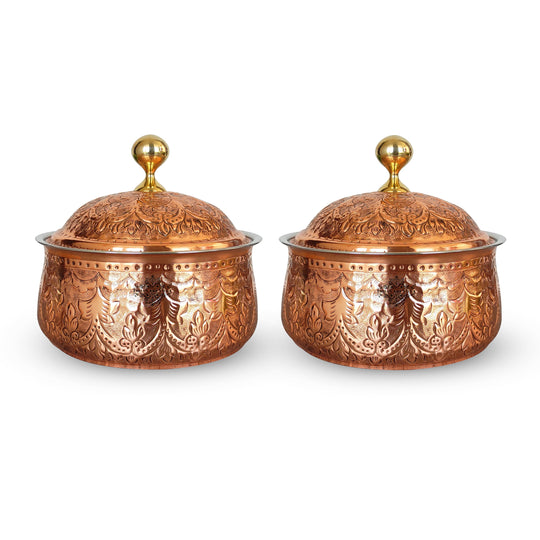 Indian Art Villa Steel Copper Casserole/Hot Pot With Deep Embossed Design & Brass Knob, Serveware, Dinnerware For Home