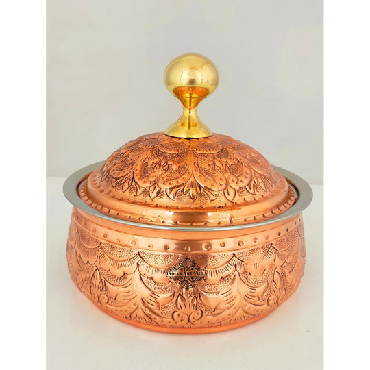 Indian Art Villa Steel Copper Casserole/Hot Pot With Deep Embossed Design & Brass Knob, Serveware, Dinnerware For Home