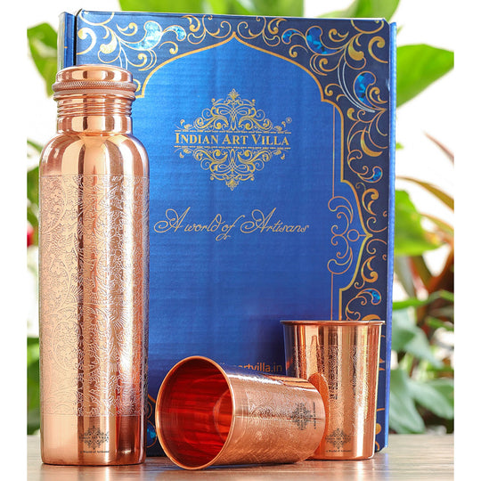 Indian Art Villa Set of Pure Copper Embossed Leak Proof Water Bottle & Two Glasses with a Gift Box, Drinkware