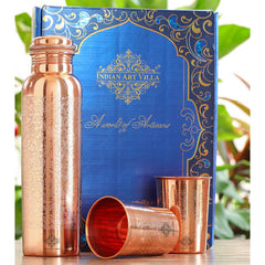 Indian Art Villa Set of Pure Copper Embossed Leak Proof Water Bottle & Two Glasses with a Gift Box, Drinkware