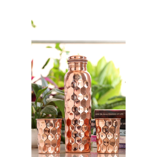 Pure Copper Drinkware Gift Set of Diamond Hammered Design 1 Bottle & 2 Glass With Royal Blue Gift Box