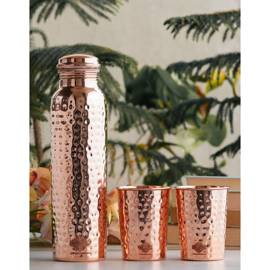 Indian Art Villa Pure Copper Drinkware Gift Set of Hammered Design 1 Bottle & 2 Glass, Perfect for Daily Use, Home, Office, Travel, Dining, and Special Occasion Gifting