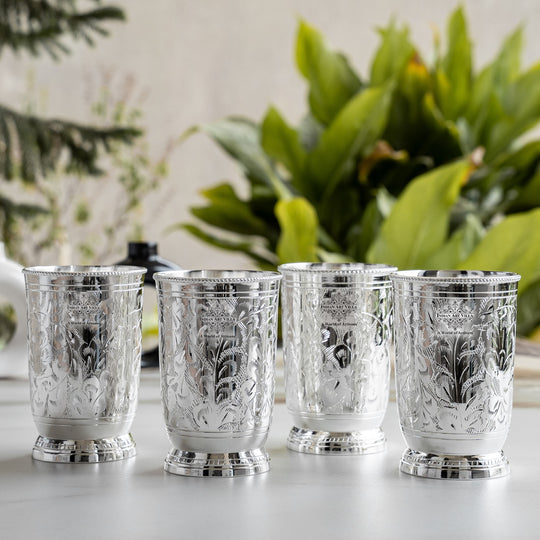 Indian Art Villa Silver Plated Set of 4 Designer Glass Tumbler with Box