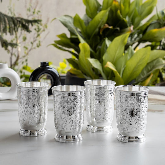 Indian Art Villa Silver Plated Set of 4 Designer Glass Tumbler with Box
