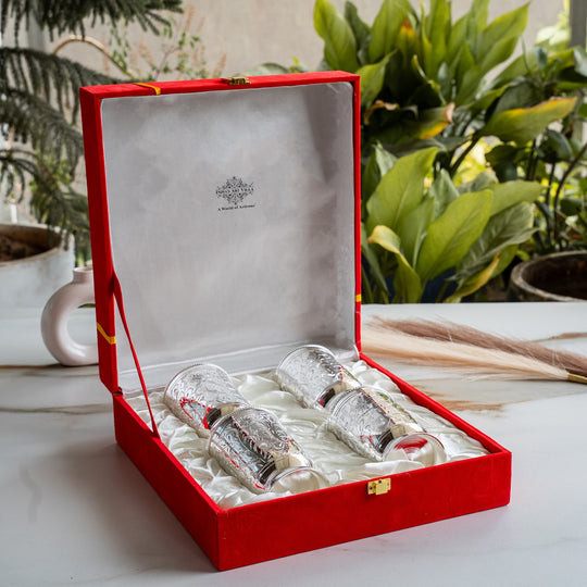 Indian Art Villa Silver Plated Set of 4 Designer Glass Tumbler with Box