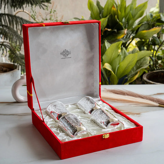Indian Art Villa Silver Plated Set of 4 Designer Glass Tumbler with Box
