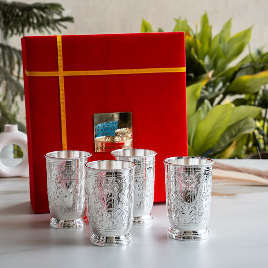 Indian Art Villa Silver Plated Set of 4 Designer Glass Tumbler with Box