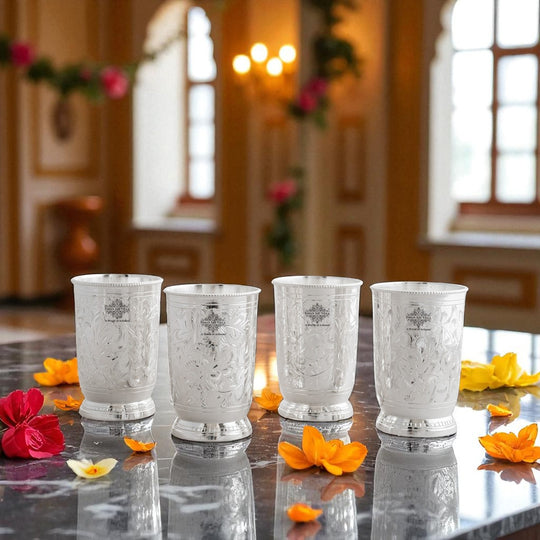 Indian Art Villa Silver Plated Set of 4 Designer Glass Tumbler with Box