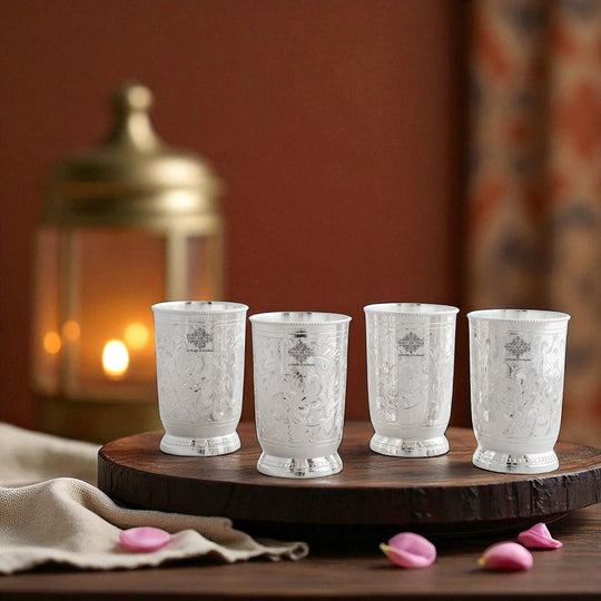 Indian Art Villa Silver Plated Set of 4 Designer Glass Tumbler with Box